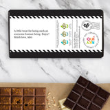 Chocolate bar with an example of a personalised message on the back