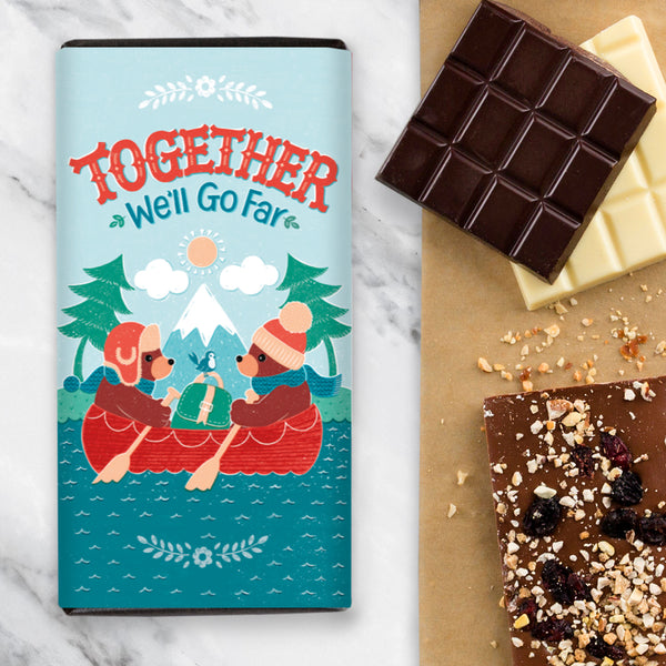 Chocolate Bar with Illustration of Two Cute Bears Facing Each Other Rowing a Boat with the Wording 'Together We'll Go Far'