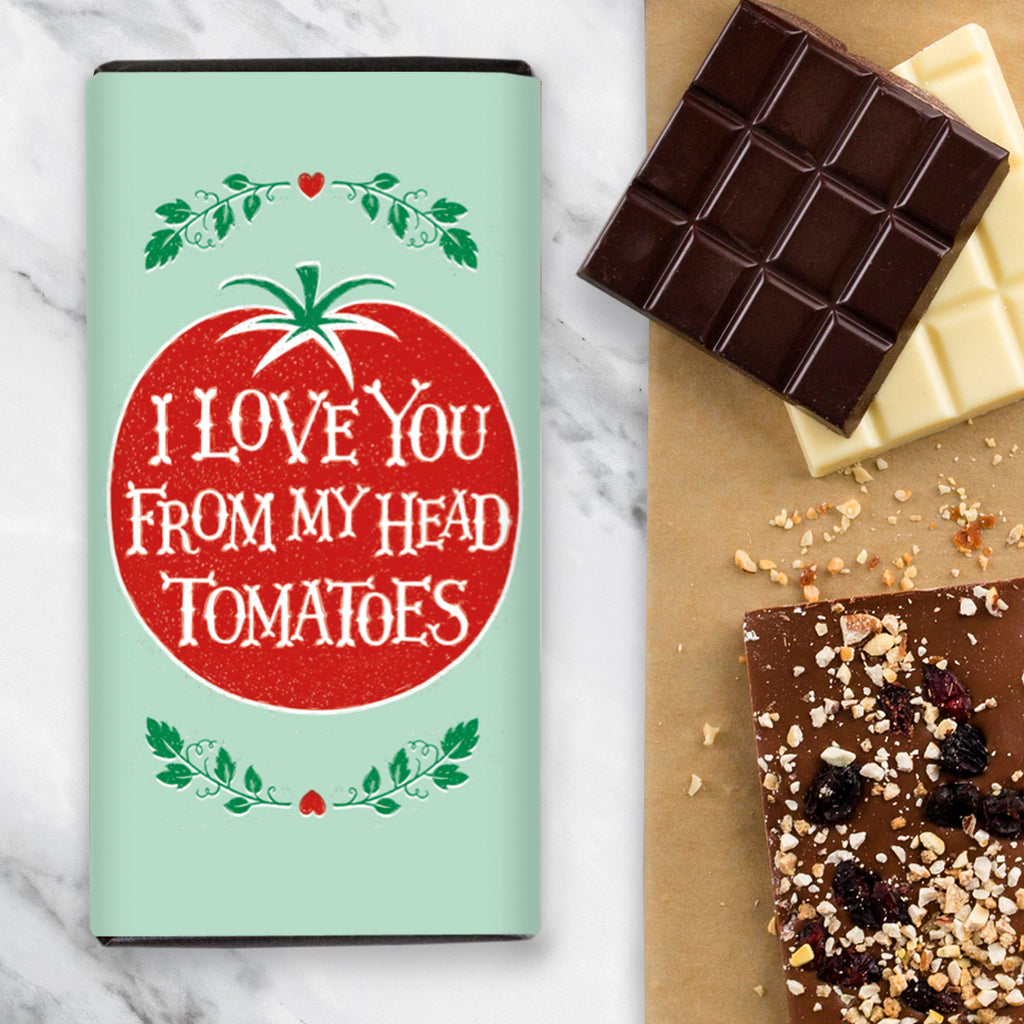 Chocolate Bar with a green wrapper design and a red tomato with the wording 'I Love You From My Head To Ma Toes'